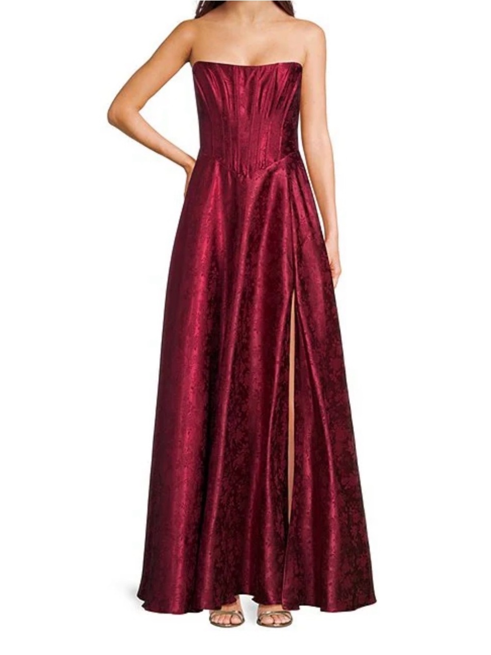 B Darlin Strapless Wine Red Prom Gown with Thigh Slit